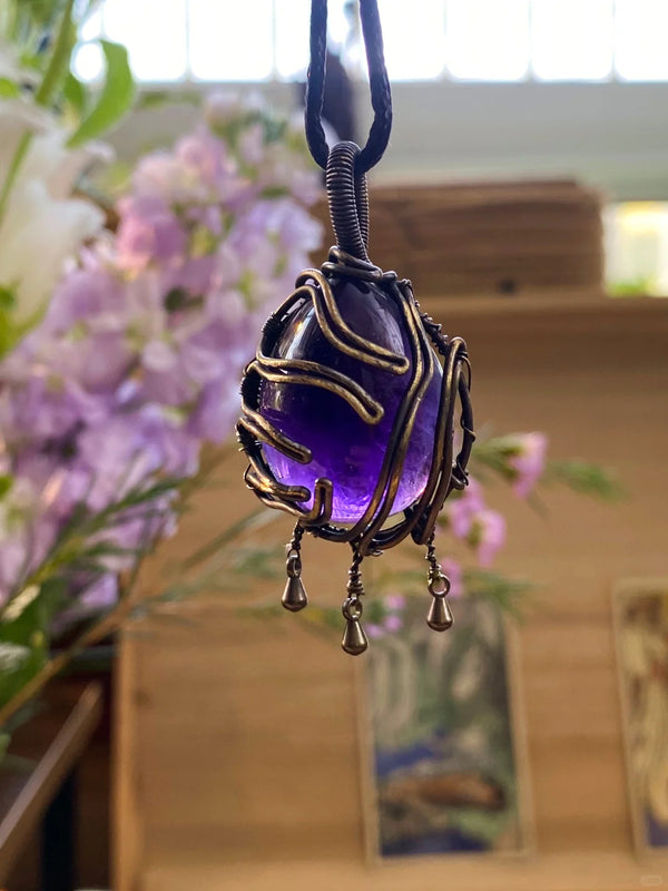 Amethyst gem copper wrapped crystal necklace