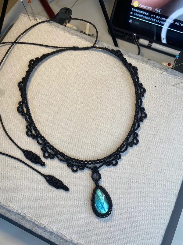 Elegant Black Lace Choker with Labradorite Pendant