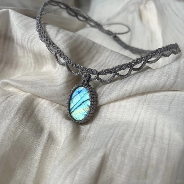 Natural stone wax thread woven necklace