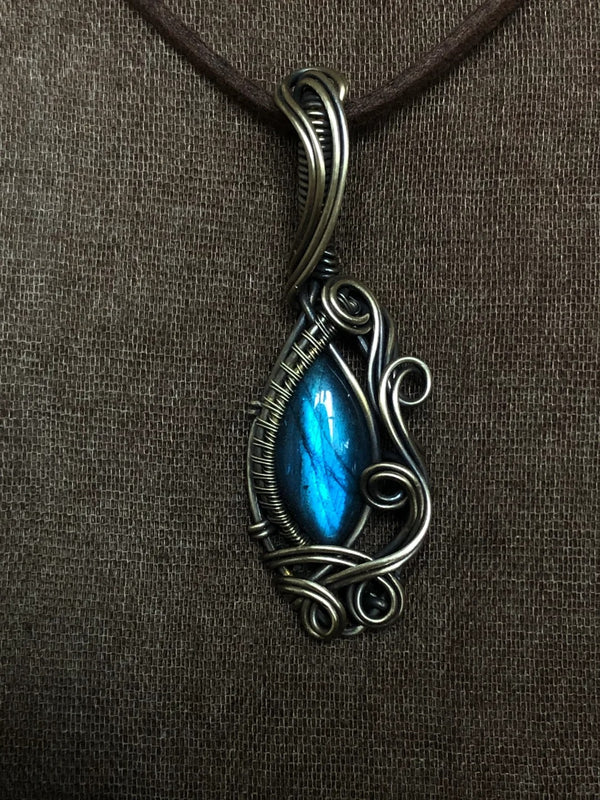 Sea wave labradorite crystal wire wrapped pendant