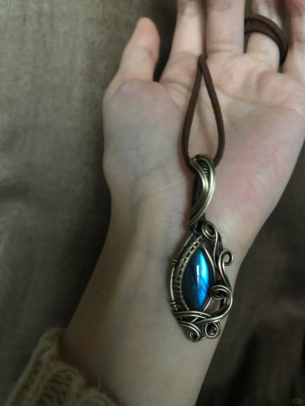 Sea wave labradorite crystal wire wrapped pendant