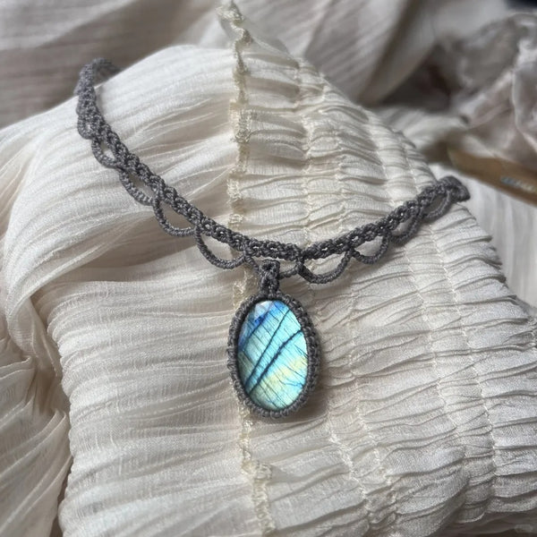 Natural stone wax thread woven necklace