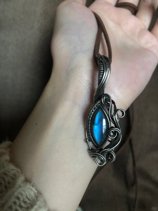 Sea wave labradorite crystal wire wrapped pendant