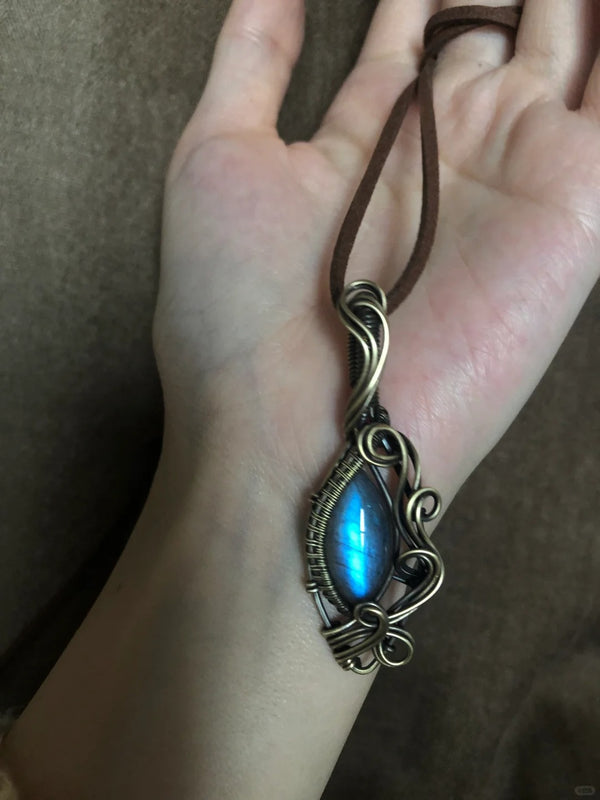 Sea wave labradorite crystal wire wrapped pendant